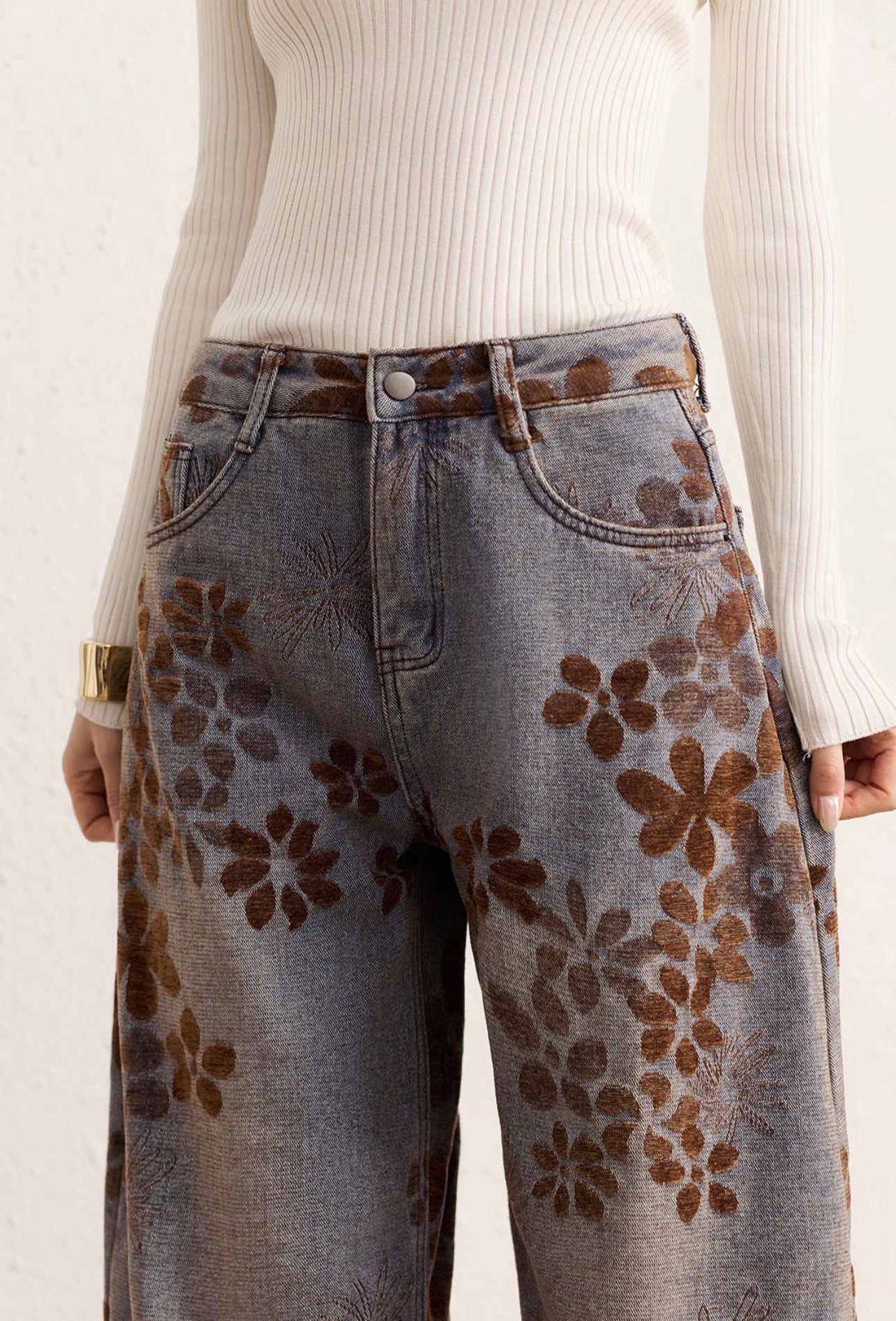 jeans estampado floral cintura alta calças estilo oversize