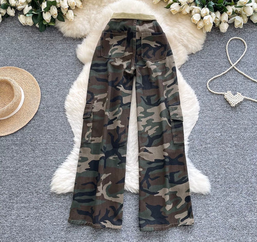 Calças camuflagem cintura alta
