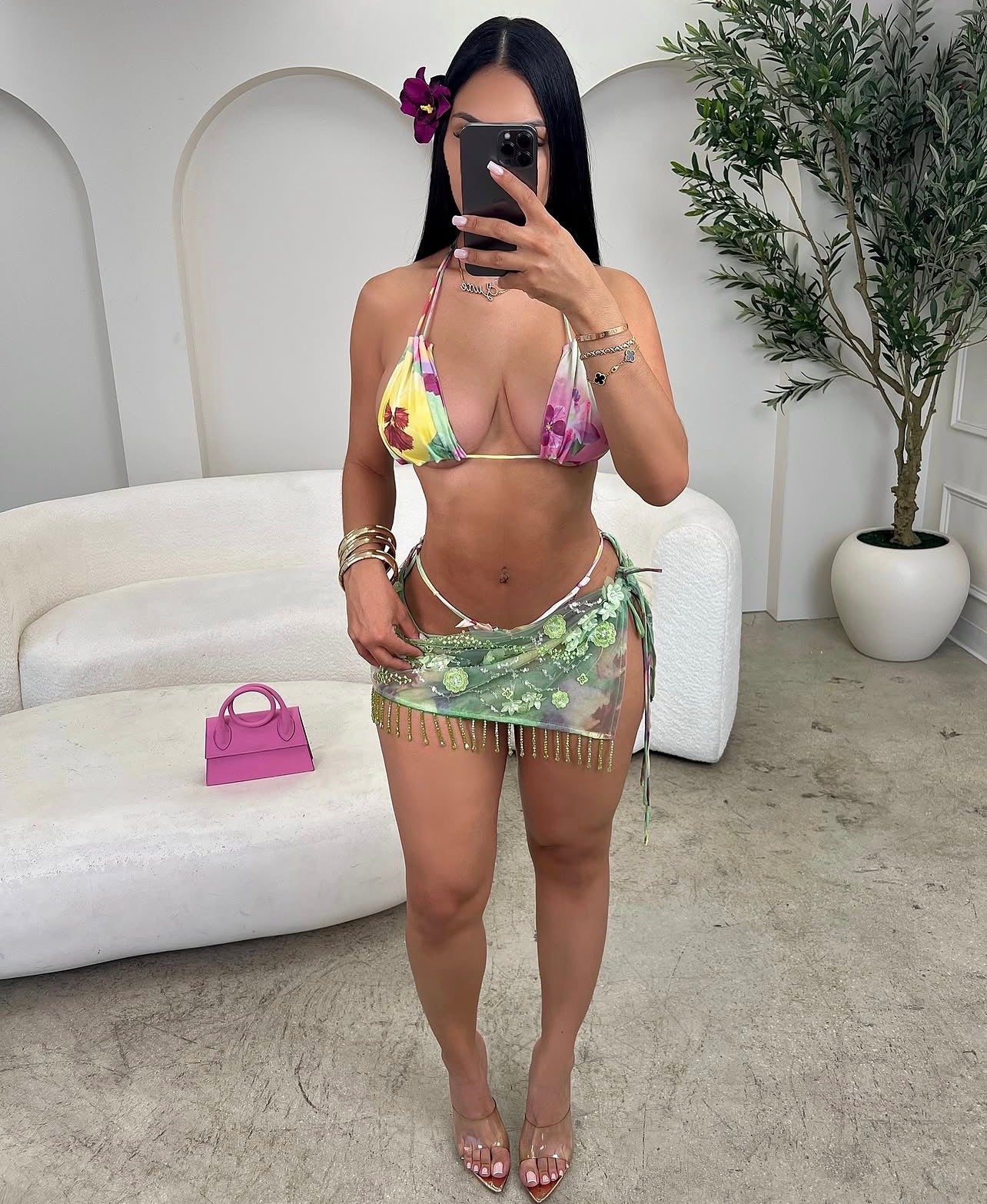 Bikini sexy de 3 peças estampa floral