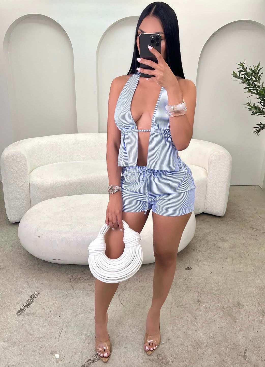 Conjunto short solto casuais top listrado ideal para férias e verão