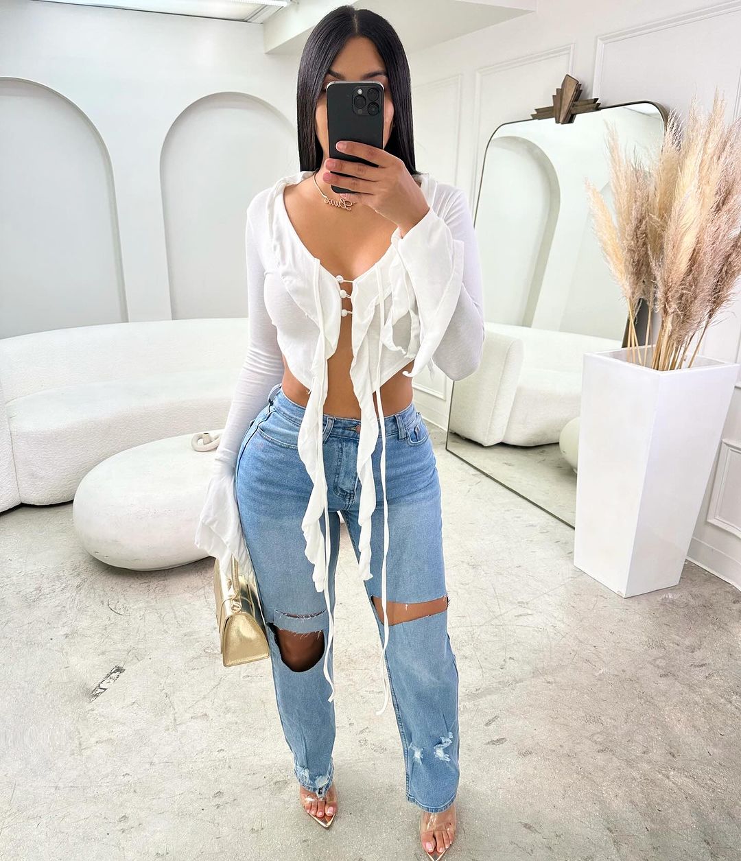2008# Ruffle Trim Flare Sleeve Knot Front Crop Top
