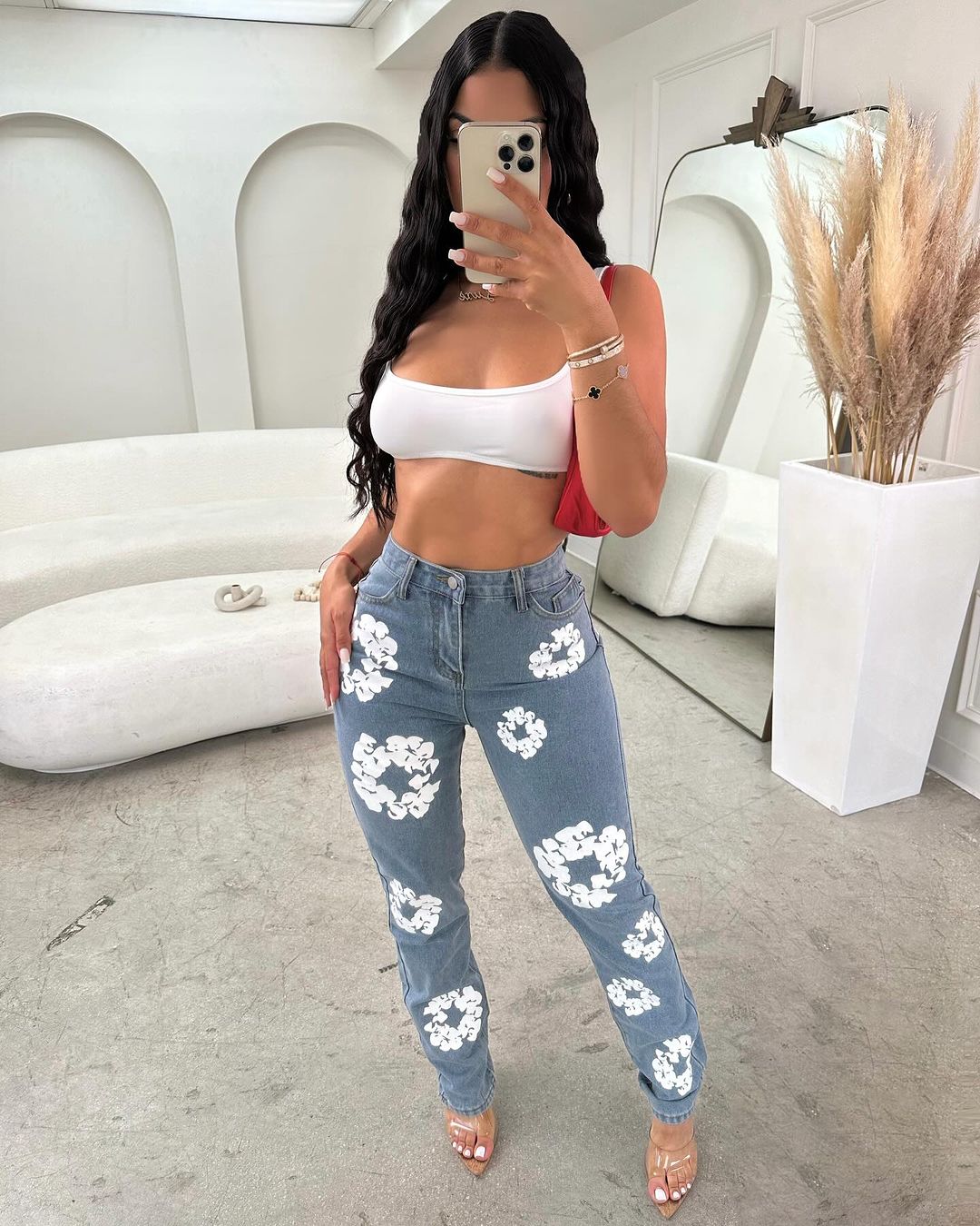 USMODE# Calças Jeans com Estampas Florais