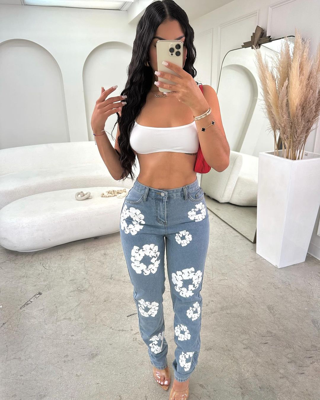 USMODE# Calças Jeans com Estampas Florais