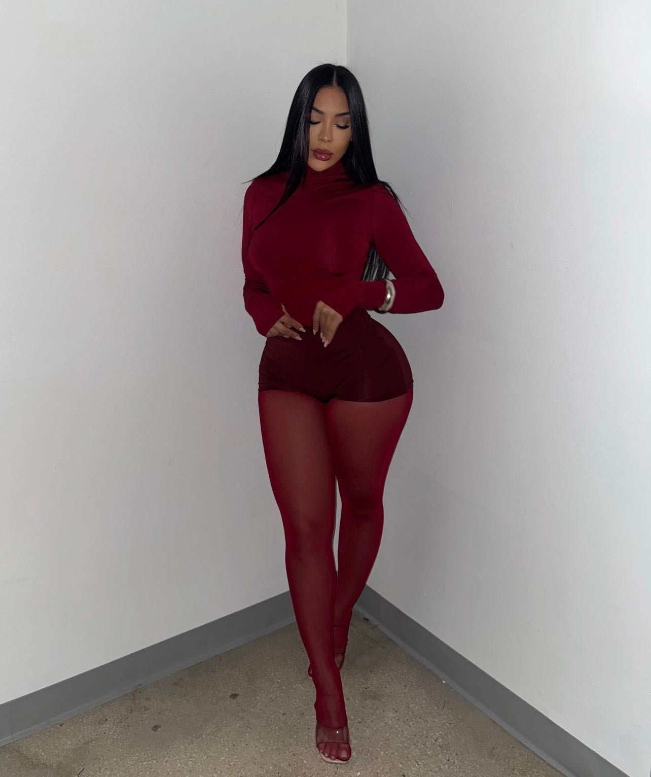 Conjunto 3 peças blusa manga comprida, calça transparente, calção ciclista , conjunto sexy