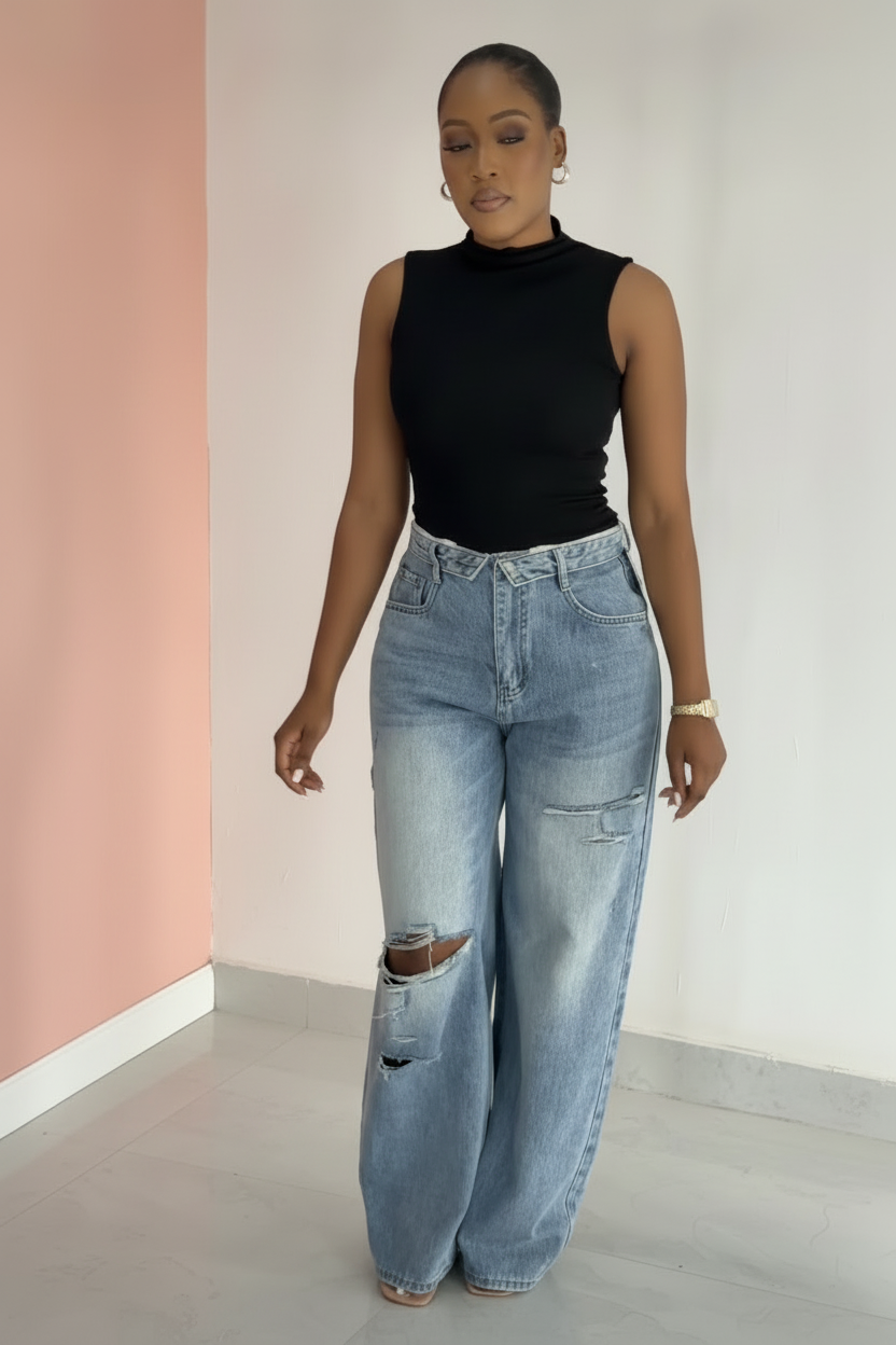 Calça jeans cintura dobrada cintura alta irregular 