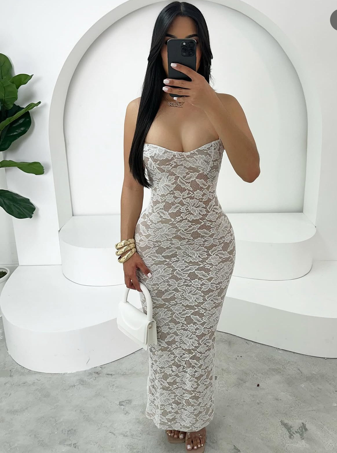Vestido longo elegante e sexy de renda apertado ao corpo