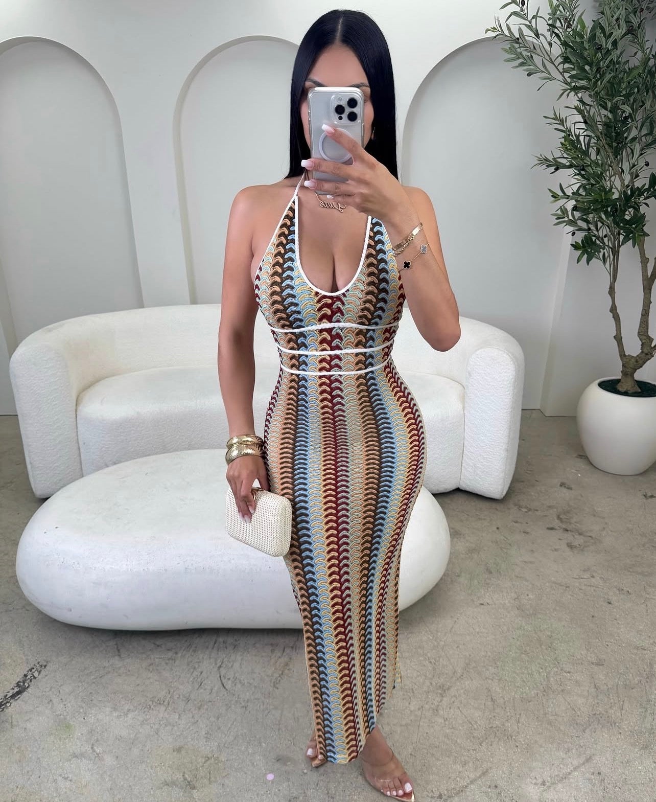 Vestido de tricô decote em V vestido de praia com amarração