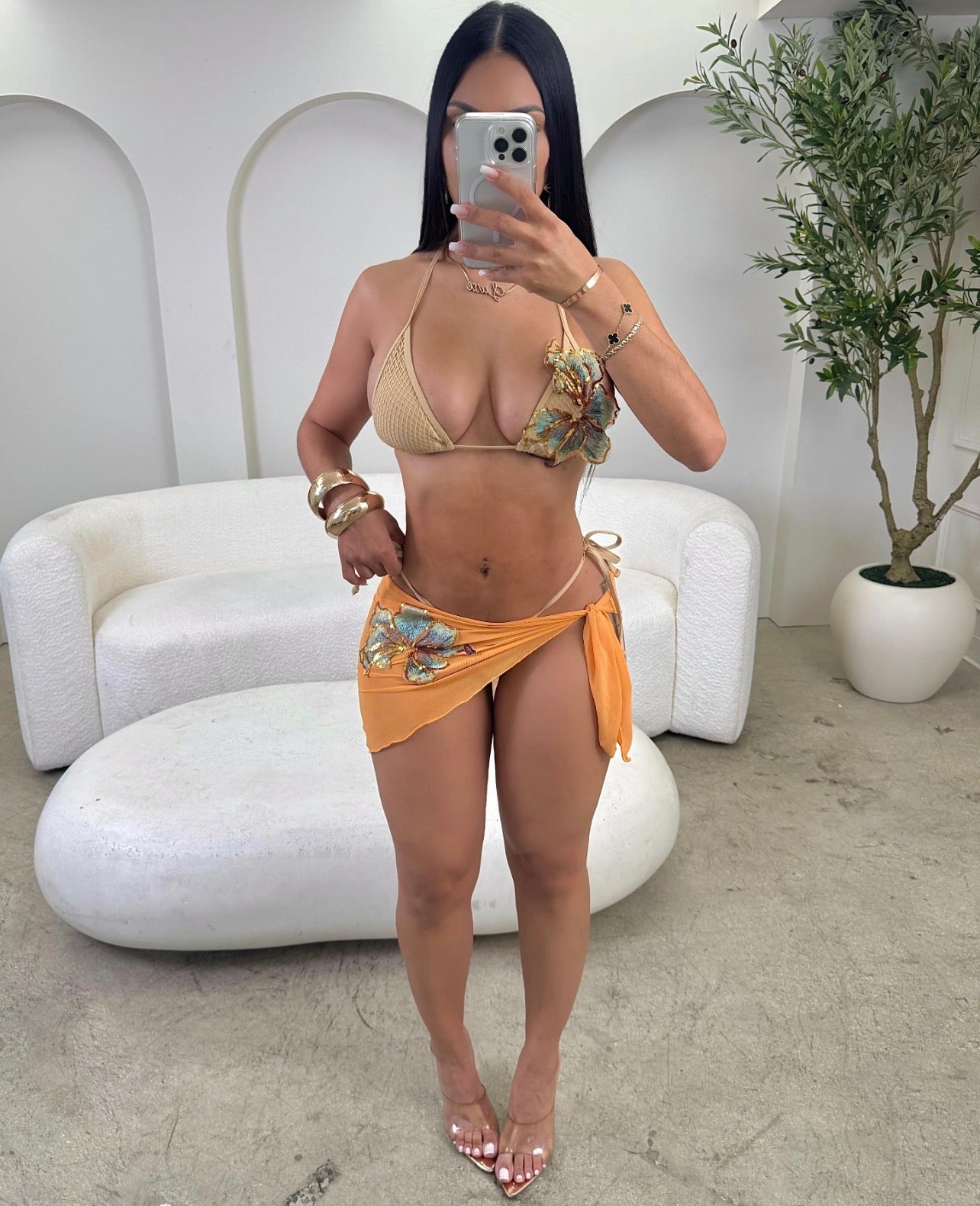 Conjunto de 3 peças de biquíni , cor sólida, sexy