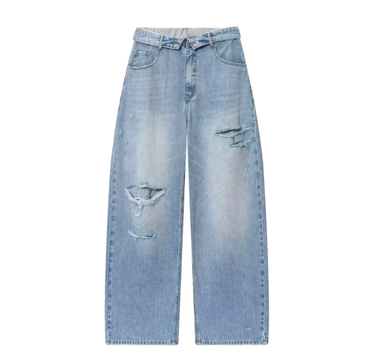 Calça jeans cintura dobrada cintura alta irregular 