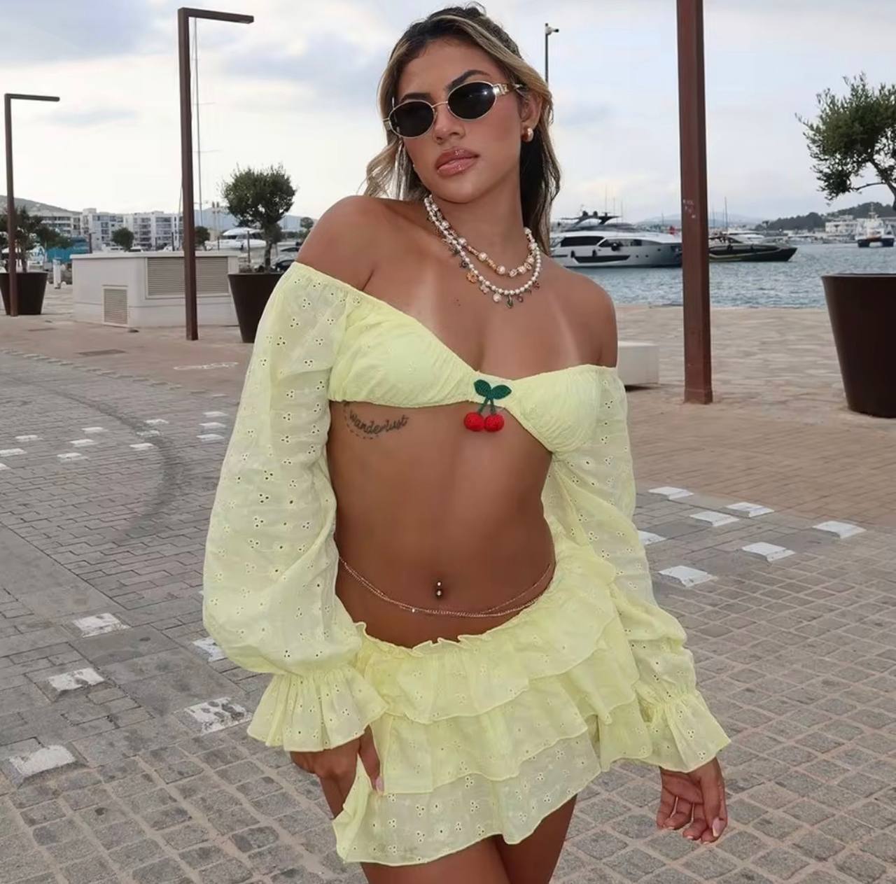conjunto 2 peças plissado mini saia e manga longa top colheita